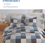 PANGUSHAN 100% Cotton Quilt Set Queen Size, Patchwork Plaid Queen Quilt Bedding Set Bedspreads, Farmhouse Lightweight Comforter Reversible Quilt, Blue/Brown Bed Spread for Queen Bed, 3 Pieces