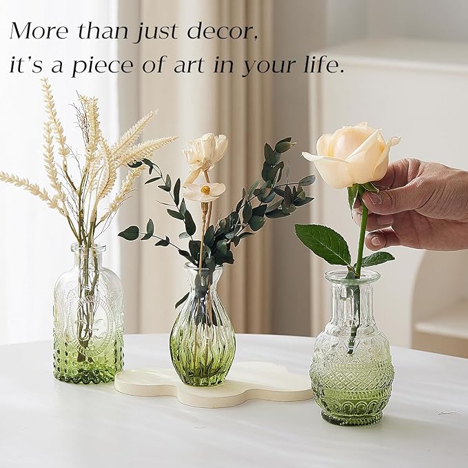 Glass Bud Vase Set of 20 - Small Vases for Flowers in Bulk - Assorted Vintage Crystal Vases for Flowers, Table Centerpieces (Green, 20 Pcs)