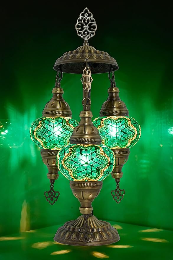 Mozaist Turkish Mosaic Lamp – 3 Globe Tiffany Table Light with Bulb (Turquoise Green)