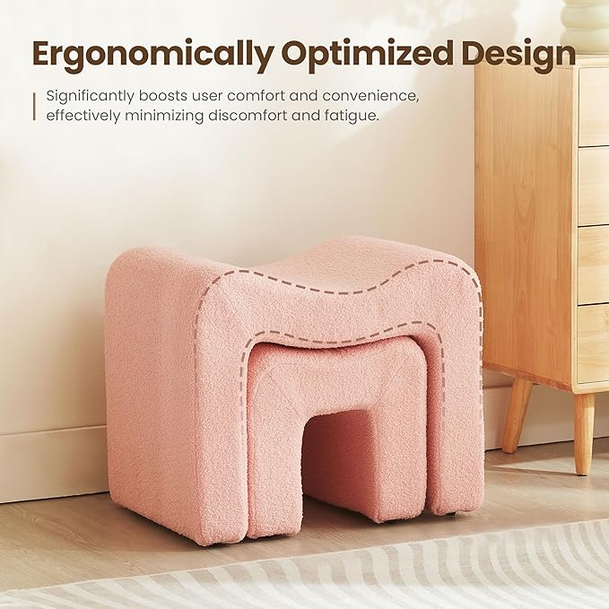 Ottoman Set of 2 Vanity Stool Chair Seating Backless Modern Foot Rest Teddy Velvet Small Footstool Ottoman for Makeup Room Living Room Bedroom Entryway,(2-in-1) Pink