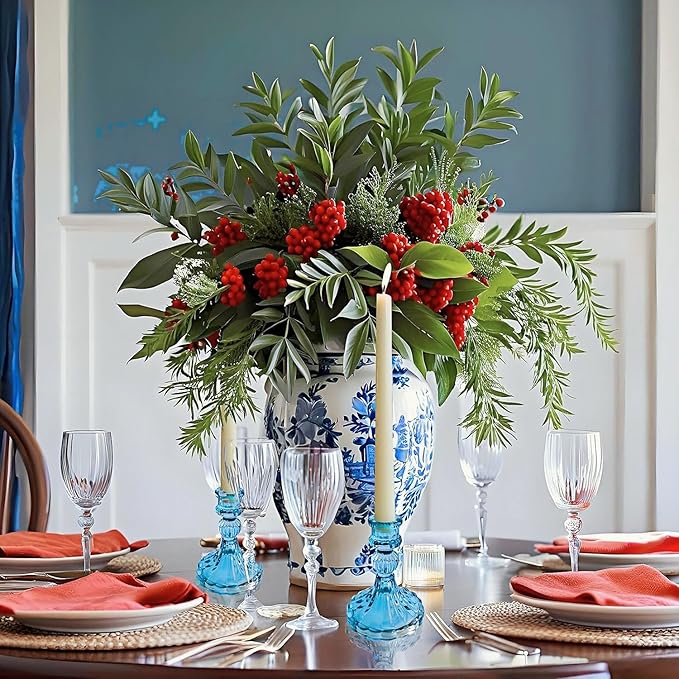 Glass Candlestick Holder,Striped Taper Candle Holders,Set of 6 Candle Stand for Table Centerpieces, Home Decor,Weddings,Festival and Parties (Blue Stripe Pattern)