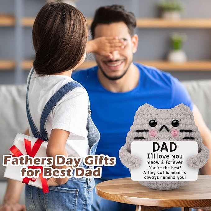 Fathers Day Dad Gifts from Son Daught Wife, Positive Crochet Animal Birthday Gifts for Bonus Dads Step,I Love You Dad Gift Idea,Handmade Emotional Crochet Cat