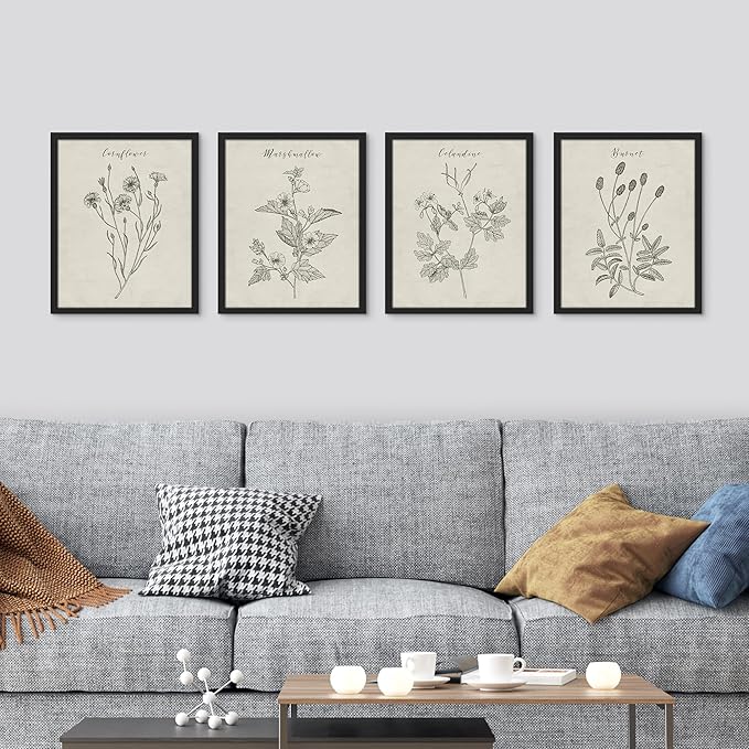 SIGNWIN Framed Vintage Wildflower Wall Art, Set of 4 Plant Collage Drawing Wall Decor Prints, Nature Wilderness Wall D¨¦cor for Living Room, Bedroom - 12"x16" Black