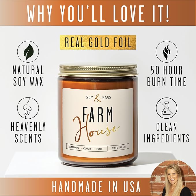 Fall Candles - 'Farmhouse' Autumn Scented Soy Candles for Home, w/Cinnamon, Clove & Pine I Infused with Essential Oils I Farmhouse Décor, 9oz Reusable Jar, 50Hr Burn, Made in USA