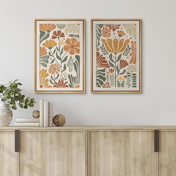 SIGNFORD Framed Canvas Print Wall Art Set Vintage Flower in Pastel Illustration Modern Art Decorative Nordic Nature for Living Room, Bedroom, Office - 24"x36"x2 Natural