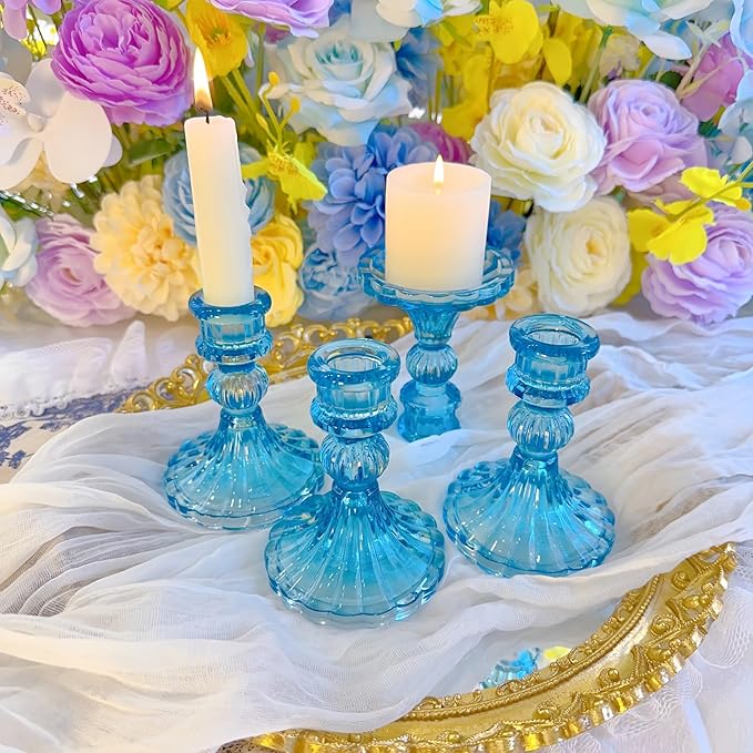 Glass Candlestick Holder,Striped Taper Candle Holders,Set of 6 Candle Stand for Table Centerpieces, Home Decor,Weddings,Festival and Parties (Blue Stripe Pattern)