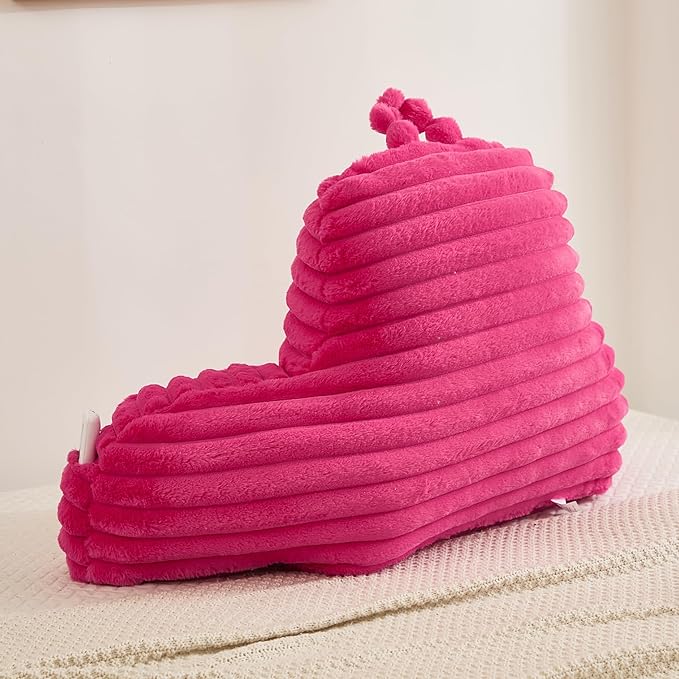 Faux Fur Fluffy Hot Pink Reading Pillow with Pockets, Luxury Striped Plush Decorative, Arm Rests and Back Surport for Bed Rest, Lounging on sofa, Standard