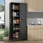 75" Storage Cabinet, Metal Pantry Cabinet, Kitchen Pantry Storage Cabinets with Doors and 4 Shelves, Cabinets for Laundry Room, Living Room, Dinning Room, Assembly Required, Black