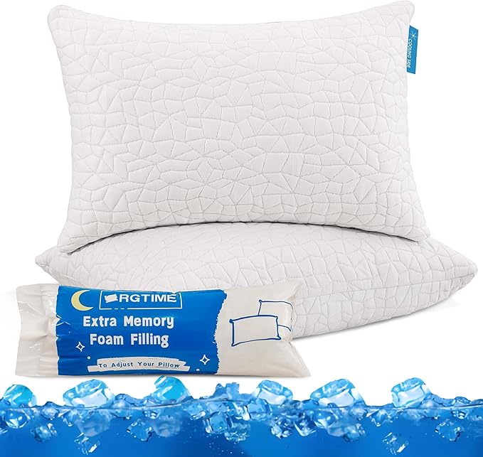 Cooling Pillows for Sleeping, Adjustable Shredded Memory Foam Bed Pillows Standard Size Set of 2, Cool Pillow for Hot Sleepers, with Extra Fill for Side Back and Stomach Sleepers