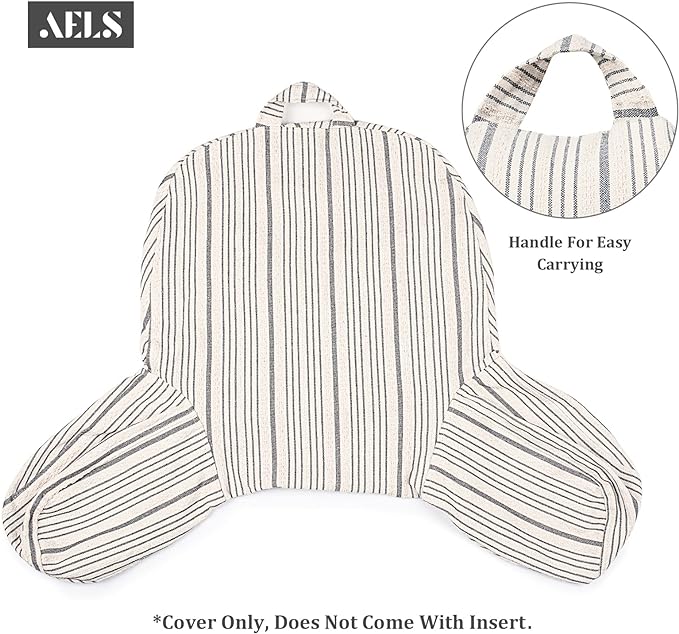 AELS Large Reading Pillow Replacement Cover with Arms and Pockets, 18" Beige with Gray Stripes Textured Linen Backrest Pillow Cover Fits Standard Size Pillows (Cover ONLY)