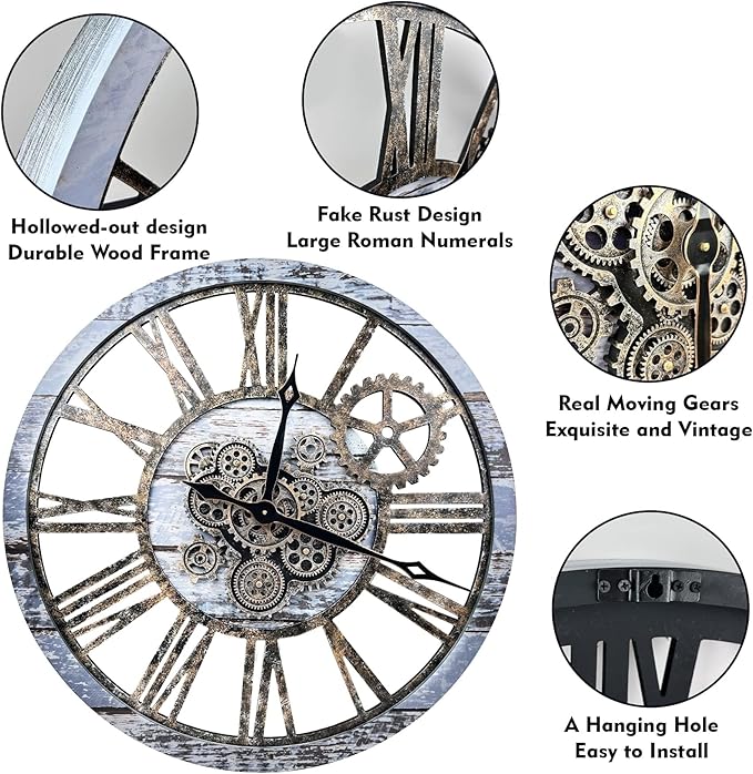 The B-Style Large Wall Clock 24 inch Moving Gear Wall Clock Oversized Vintage Farmhouse Wall Clocks for Living Room Decor Rustic Industrial Wood Clock (Aqua Green, 36 inch/90cm)