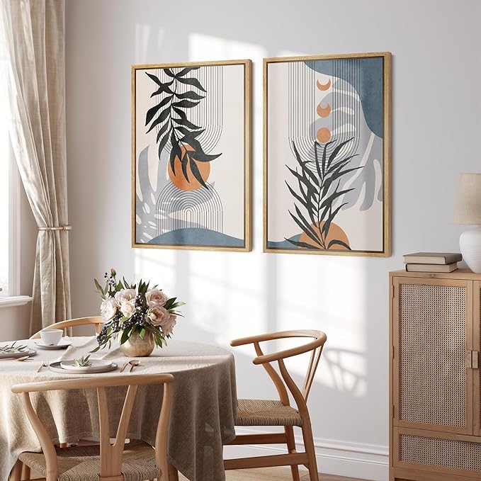 SIGNFORD Framed Canvas Print Wall Art Forest Plant Silhouettes & Mid-Century Symbols Abstract Shapes Illustrations Modern Boho Nature Chic for Living Room, Bedroom, Office - 24"x36"x2 Natural