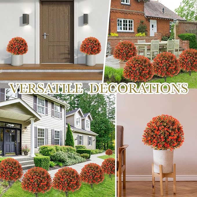 Yunlly Set of 2 Artificial Boxwood Topiary Ball Tree 27" Outdoor Boxwood Balls with Flower Faux Bush UV Resistance Fake Shrub Plant with Spike for Garden Porch Patio Decor(Fall Orange,27x18inch)