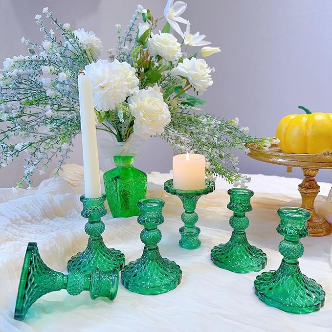 Glass Candlestick Holder,Striped Taper Candle Holders,Set of 6 Candle Stand for Table Centerpieces, Home Decor,Weddings,Festival and Parties (Green Dimond Pattern)