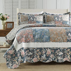 Yvooxny 3-Piece Quilt Set Queen Size Quilted Bedspread Reversible Country Style Blue Floral Paisley Real Patchwork Bedding Quilt Set with Ruffles with Pillowcases for All Seasons, 98 * 90 Inches