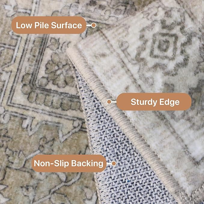 GENIMO 8x10 Area Rugs for Living Room, Machine Washable Non Slip Vintage Rugs, Low Pile Lightweight Chenille Print Rug for Bedroom, Dining Room, Home Office, Trench