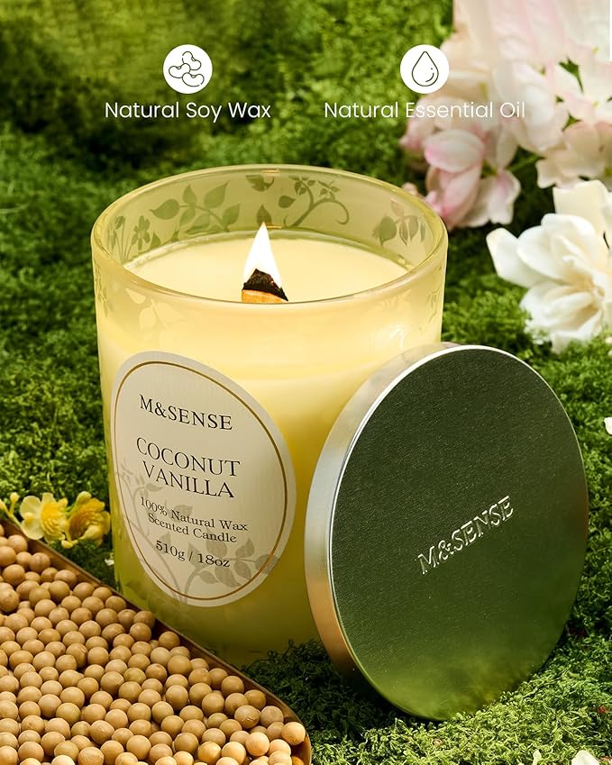 M&SENSE Coconut Vanilla Scented Candle, Cracking Wooden Wick Soy Wax, 18oz 100 Hours Long Lasting Clean Burn, Large Jar Candles for Home Decor, Non-Toxic Relaxing Aromatherapy Gifts for Women