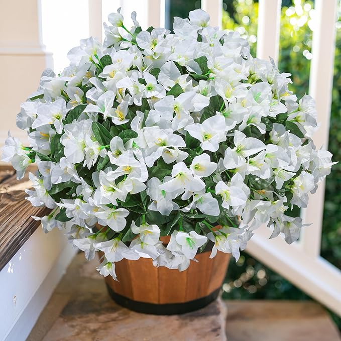 Ivydale Artificial Flowers for Outdoors, 4 Bundles Fake Bougainvillea Flower UV Resistant Silk Flowers for Outside, Outdoor Faux Plants for Planter Patio Porch Window Garden Home Decoration (White)