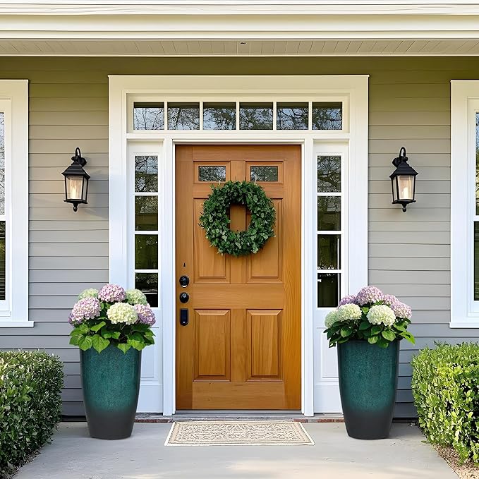 Tall Outdoor Planters, Set of 2 Large Flower Pots for Outdoor Plants, with Gradient Turquoise Finish, Weather-Resistant for Porch, Garden, Patio