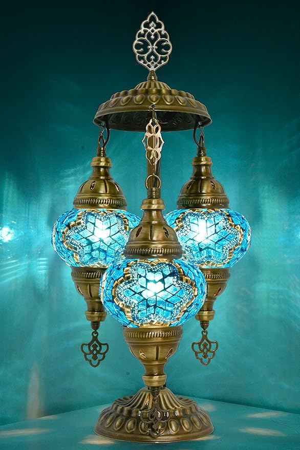 Mozaist Turkish Mosaic Lamp – Moroccan Handmade 3 Globe Table Light with Bulb (Sea Blue)