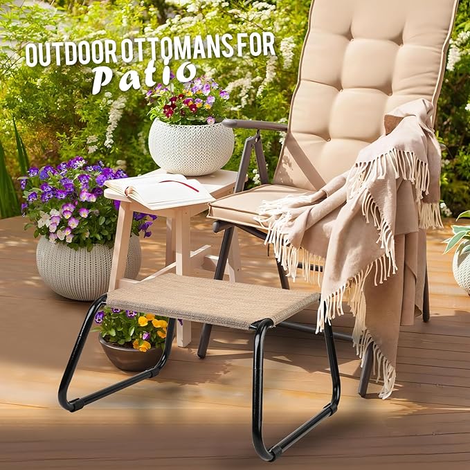 Outdoor Footstools for Patio,Backyard Patio Furniture Metal Frame Small Seat All Weather Footrest for Couch Patio Chairs 2 Pieces Beige
