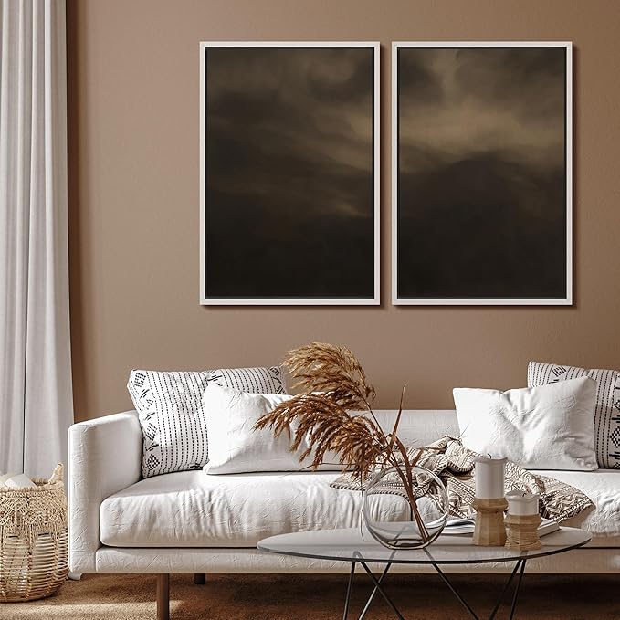 SIGNFORD Framed Canvas Print Wall Art Set Moody Misty Landscape Soft Brown and Gray Hues Illustration Modern Art Decorative Nordic Nature for Living Room, Bedroom, Office - 24"x36"x2 White