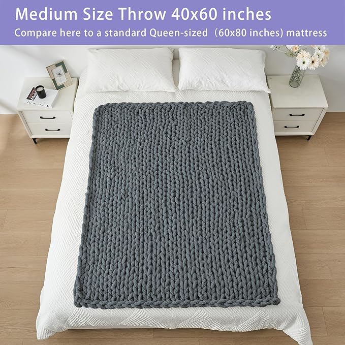 Bigacogo Chunky Knit Throw Blanket for Couch, 40x60 inches, 100% Hand Knitted with Thick Jumbo Chenille Yarn, Cozy Soft Large Rope Knot Cable Crochet Blankets for Sofa Bed Living Room, Iron Gray