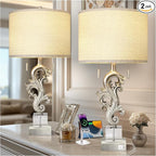 Scenekoy Vintage Table Lamp Set of 2 for Bedroom Living Room, 26.75” Silver Leaf Sculptural Night Stand Bedside Lamps with USB Ports, Rustic Nightstand Lamp Line Shade for Home Decor (Bulbs Included)