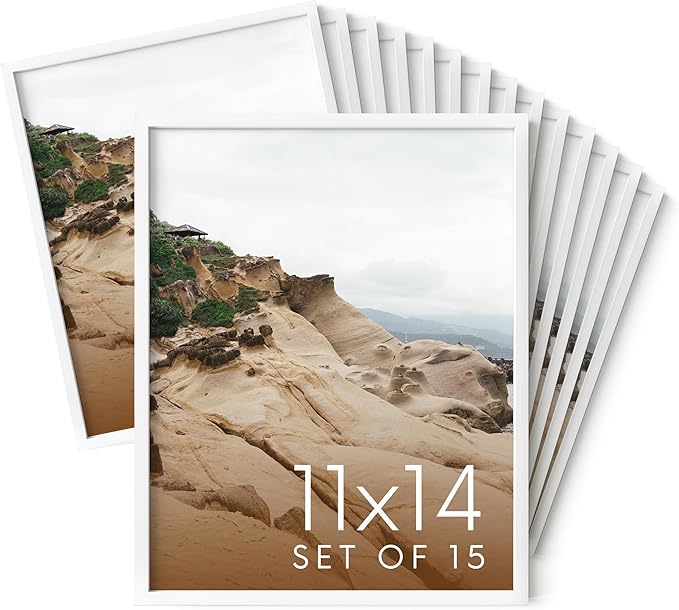 HAUS AND HUES 11x14 White Metal Picture Frames - Features Premium Aluminum, Vertical & Horizontal Hang, Shatterproof Plexiglass - Perfect for Home, Room, Office (11x14 in, White, Set of 15)