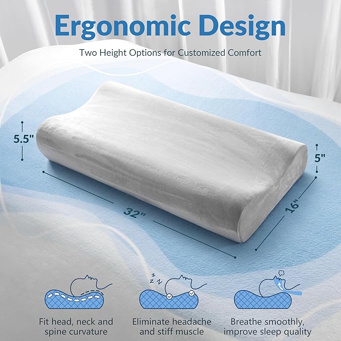 AM AEROMAX 32" King Size Contour Memory Foam Pillow, Neck Pillow for Neck Pain Relief, Neck Orthopedic Sleeping Pillows for Side, Back and Stomach Sleepers(Grey,Velvet)