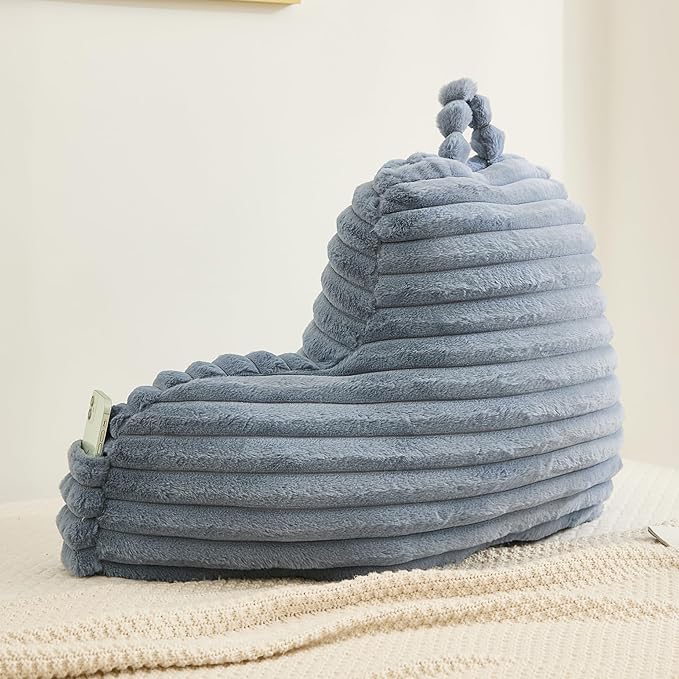 Faux Fur Fluffy Dusty Blue Reading Pillow with Pockets, Luxury Striped Plush Decorative, Arm Rests and Back Surport for Bed Rest, Lounging on sofa, Large