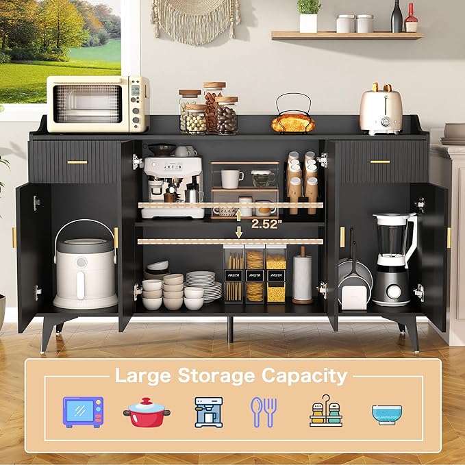 Sideboard Buffet Cabinet with Drawers: 63" Black Fluted Sideboard Cabinet with 2 Drawers and 4 Doors, Modern Wood Credenza Storage Cabinet, Large Accent Cabinets for Living Room (63")