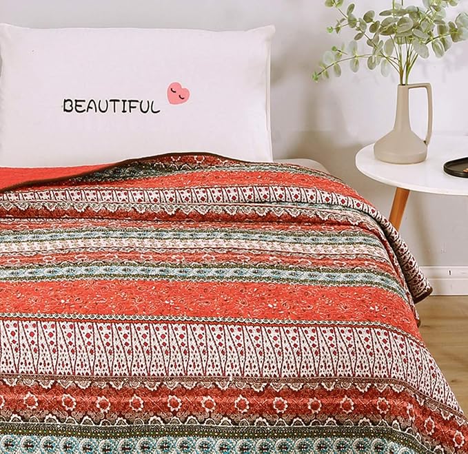 Cozyholy Boho Quilt Full Queen Size 100% Cotton Quilted Blanket Colorful Bohemian Striped Bedspread Coverlet Reversible Lightweight Stitch Vintage Bed Cover Throw Blanket for Couch Sofa Orange
