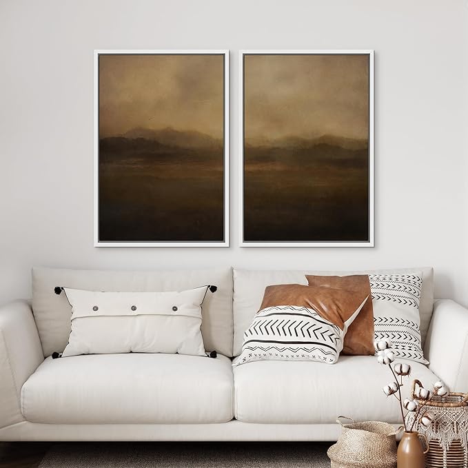 SIGNFORD Framed Canvas Print Wall Art Set Serene Misty Mountains Illustrations Modern Art Decorative for Living Room, Bedroom, Office - 24"x36"x2 White