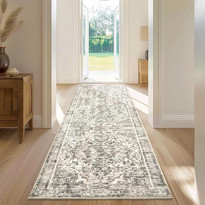 Topllen Runner Rug - 2'6" x8'Boho Washable Kitchen Rug, Non-Slip Soft Low Pile Rugs Indoor for Hallway Hall Living Room Bedroom Sunroom, Vintage Throw Stair Carpet Stain Resistance (Black, 2.5x8ft)