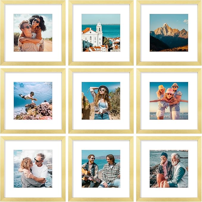 Vittanly 12x12 Picture Frames Set of 9, Shatter Resistant Plexiglass, Display 8x8 Pictures with Mat or 12x12 without Mat, Photo Frames for Wall Mount, Engineered Wood, Gold