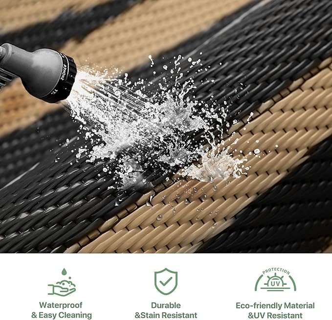 GENIMO Outdoor Rug Waterproof 9'x12' for Patio, Foldable Reversible Plastic Straw Carpet for Travel Trailers, Outside Area Mat for Rv, Deck, Picnic, Porch, Camper, Balcony, Beach, Black & Brown