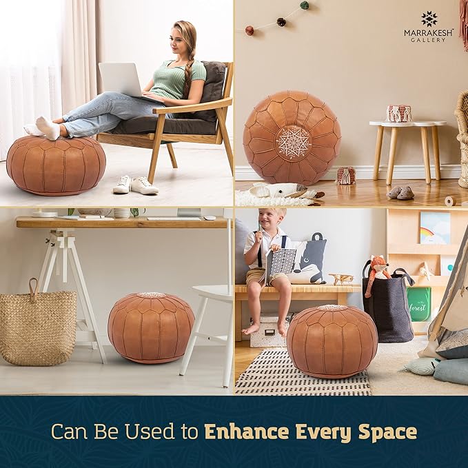 Marrakesh Gallery Genuine Leather Round Pouf Unstuffed - Moroccan Ottoman Footstool, Footrest Cover - Boho Decor - Bohemian Living Room, Bedroom, Kids Room, Gift & Wedding