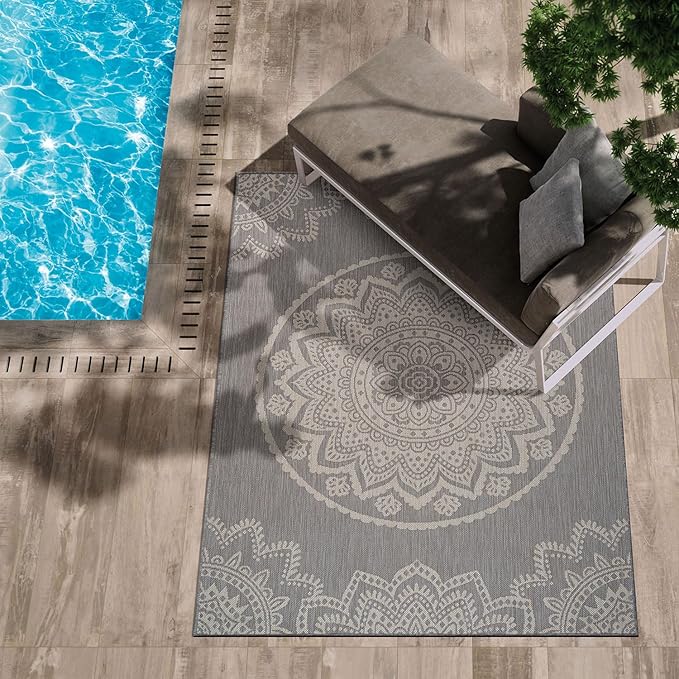 CAMILSON Outdoor Rug 10x14 Modern Area Rugs for Large Indoor and Outdoor Patios and Porches - Waterproof Washable Non-Shedding Easy-to-Clean Outside Carpet (10 x 14, Medallion - Grey/White)