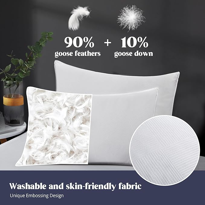 puredown® Soft Bed Pillows for Sleeping, Goose Feather Down Pillows Hotel Collection King Size of 2, Twill Diamond Pattern Embossing Pillows for Back Stomach Side Sleepers (20 x 36, 2 Pack)