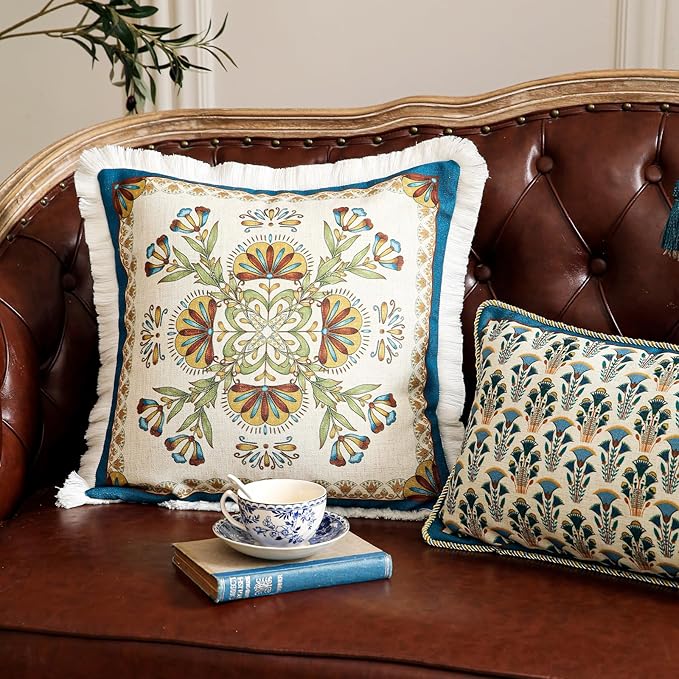 patdrea Designer Throw Pillow Covers Set of 4,French Vintage Blue Linen with Floral Collection Pattern Pillow Cover,Decorative Rectangle and Square Pillowcases Cushion for Bed Living Room Outdoor