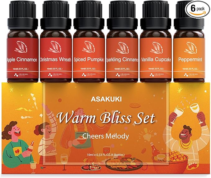 ASAKUKI Essential Oils for Diffusers for Home, Fragrance Oil for Candle Making, Peppermint, Vanilla Cupcake, Sparkling Cinnamon, Spiced Pumpkin, Christmas Wreath and Apple Cinnamon 6 x 10 ml