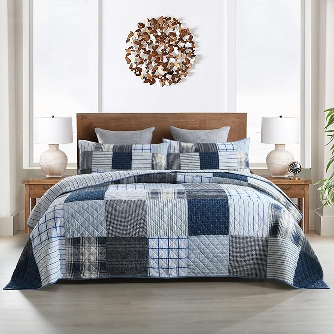 Yvooxny Queen Quilt Set Bedspread Reversible Plaid Grid Quilted Bedspread 3-Piece Real Patchwork Quilt Bedding Set ith Shams for All Seasons, Queen Size, 98 * 90 Inches