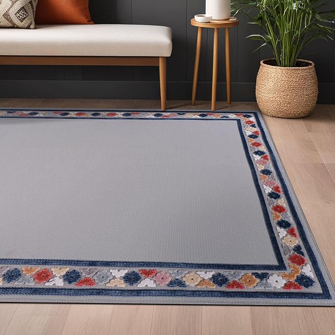 Beverly Rug Outdoor Rug 4x6 Modern Bordered Area Rugs for Indoor and Outdoor Patio Easy to Clean Non Shedding Living Room Porch Garden Washable Outside Carpet (4 x 6 Gray)