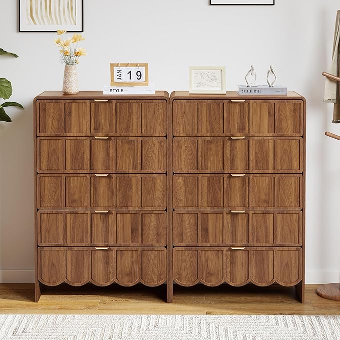 5 Drawer Dresser for Bedroom Set of 2, Modern Closet Chest of Drawers with Wave Fluted Drawer, Wood Storage Small Dresser Organizer for Nursery Bedroom Living Room Hallway Closet (Walnut)