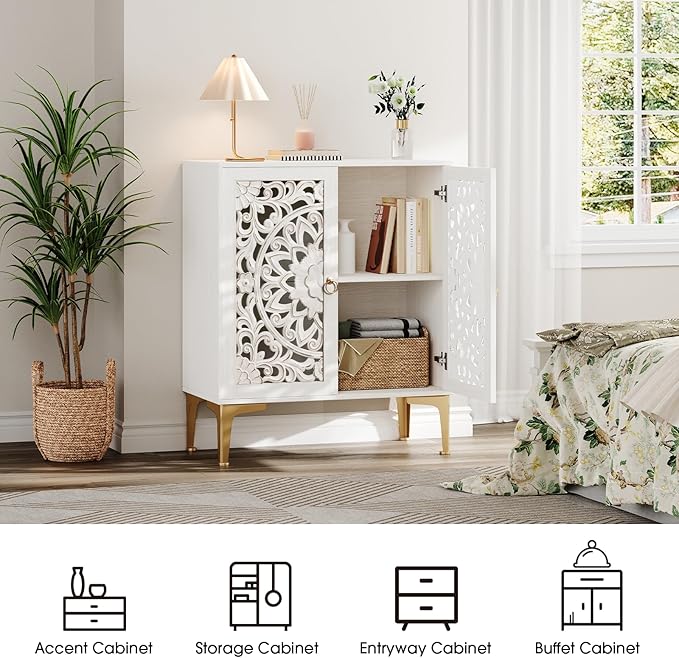Accent Cabinet with Doors,Storage Cabinet with Gold Legs and Adjustable Shelf, Sideboard Buffet for Living Room,Entryway,Dining Room,Bedroom,White