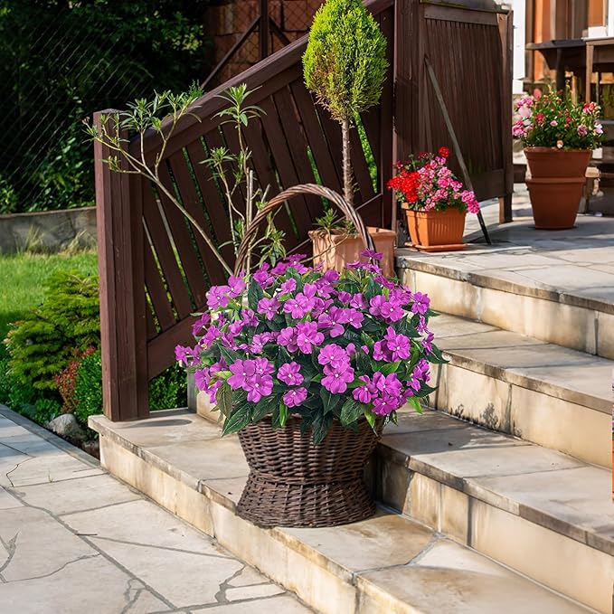 Artificial Impatiens Bouquet Flowers for Outdoors Silk Faux Flowers for Outdoor Impatiens Plants Decor Indoor Planters Kitchen Planters and Balcony Decorations 4PCS (Purple)