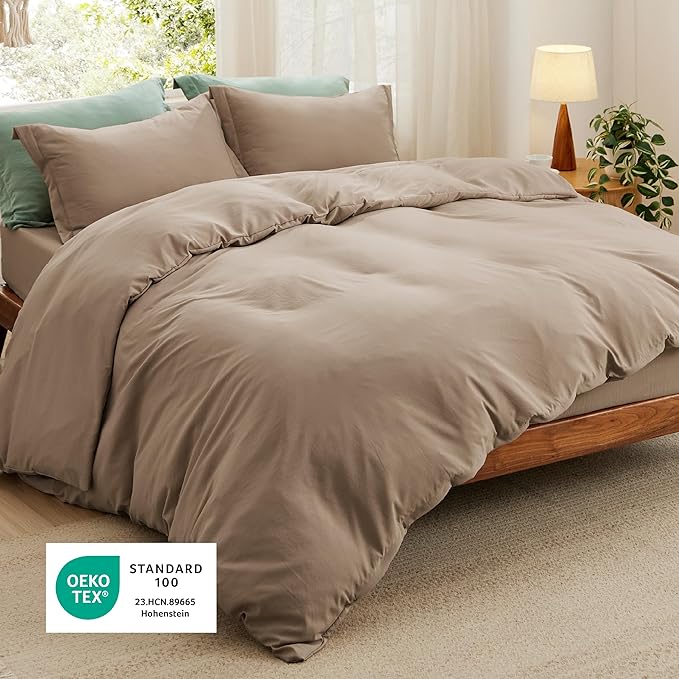 Bedsure Duvet Cover Full Size with Fitted Sheet - 4 Pieces Prewashed Cotton-Like Extra Soft Bedding Set, Includes 1 Duvet Cover 80x90 Inches, 2 Pillow Shams, 1 Fitted Sheet, Deep Beige