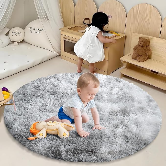 Tie-Dyed Fluffy Round Rug,Soft Area Rugs for Girls Room,Shaggy Rugs 6'X6' for Living Room,Non Slip Circle Rug for Kids Bedroom,Shag Plush Nursery Rug,Plush Carpet for Dorm,Furry Room Decor,Light Grey