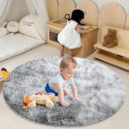 Tie-Dyed Fluffy Round Rug,Soft Area Rugs for Girls Room,Shaggy Rugs 3'X3' for Living Room,Non Slip Circle Rug for Kids Bedroom,Shag Plush Nursery Rug,Plush Carpet for Dorm,Furry Room Decor,Light Grey